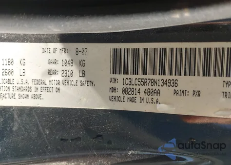 2008 Chrysler Sebring Touring z USA, uszkodzony, nr VIN 1C3LC55R78N134936